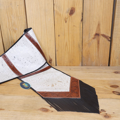 MOUSM Leather Table Runner - 72x12 Inches – Made from Genuine Argentina Cowhide, Decorated with White Metallic Acid Wash, Tooled V-Shaped Corners and Dividing Patch for Bowl Placement, Black Fringe Edges