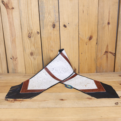 MOUSM Leather Table Runner - 72x12 Inches – Made from Genuine Argentina Cowhide, Decorated with White Metallic Acid Wash, Tooled V-Shaped Corners and Dividing Patch for Bowl Placement, Black Fringe Edges
