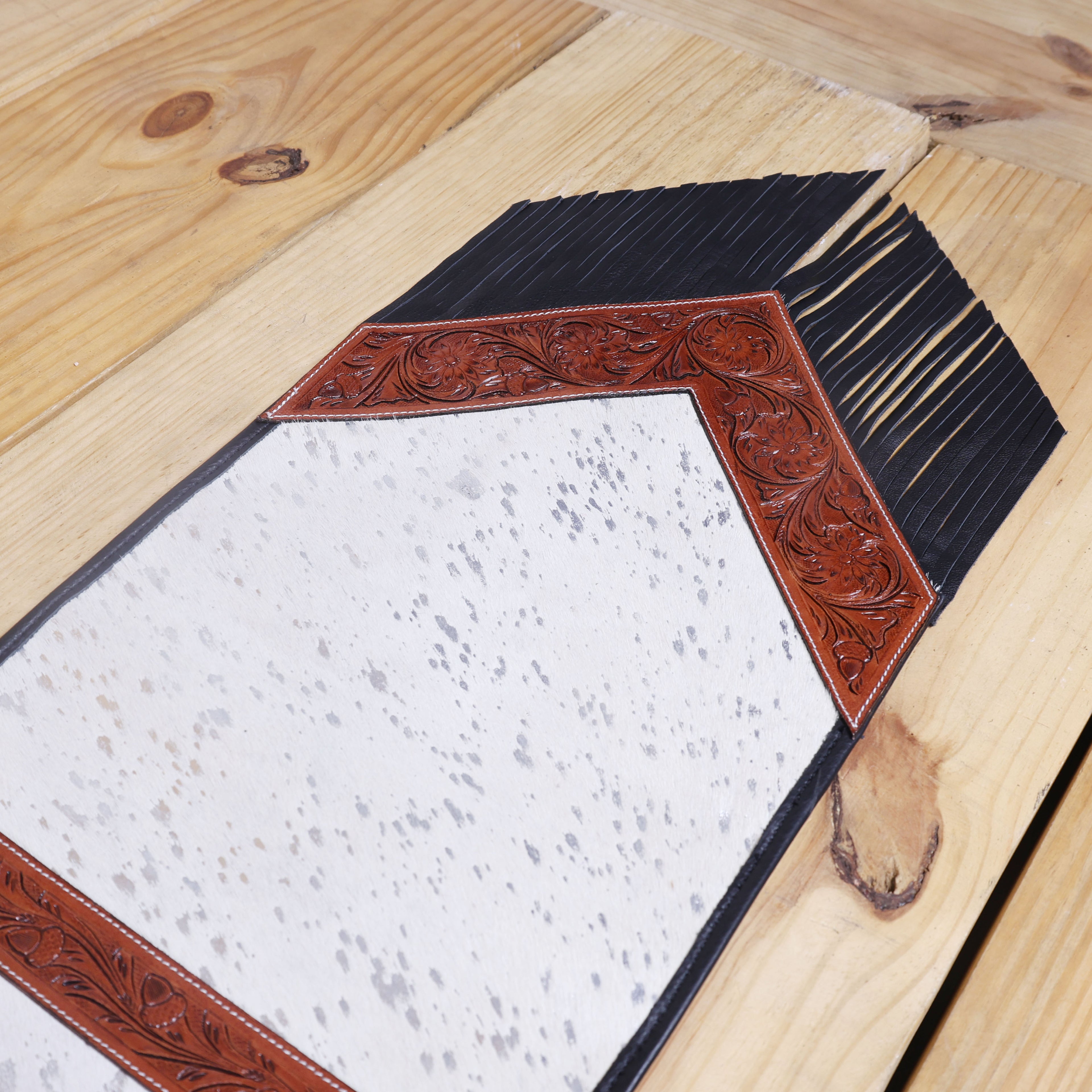 MOUSM Leather Table Runner - 72x12 Inches – Made from Genuine Argentina Cowhide, Decorated with White Metallic Acid Wash, Tooled V-Shaped Corners and Dividing Patch for Bowl Placement, Black Fringe Edges