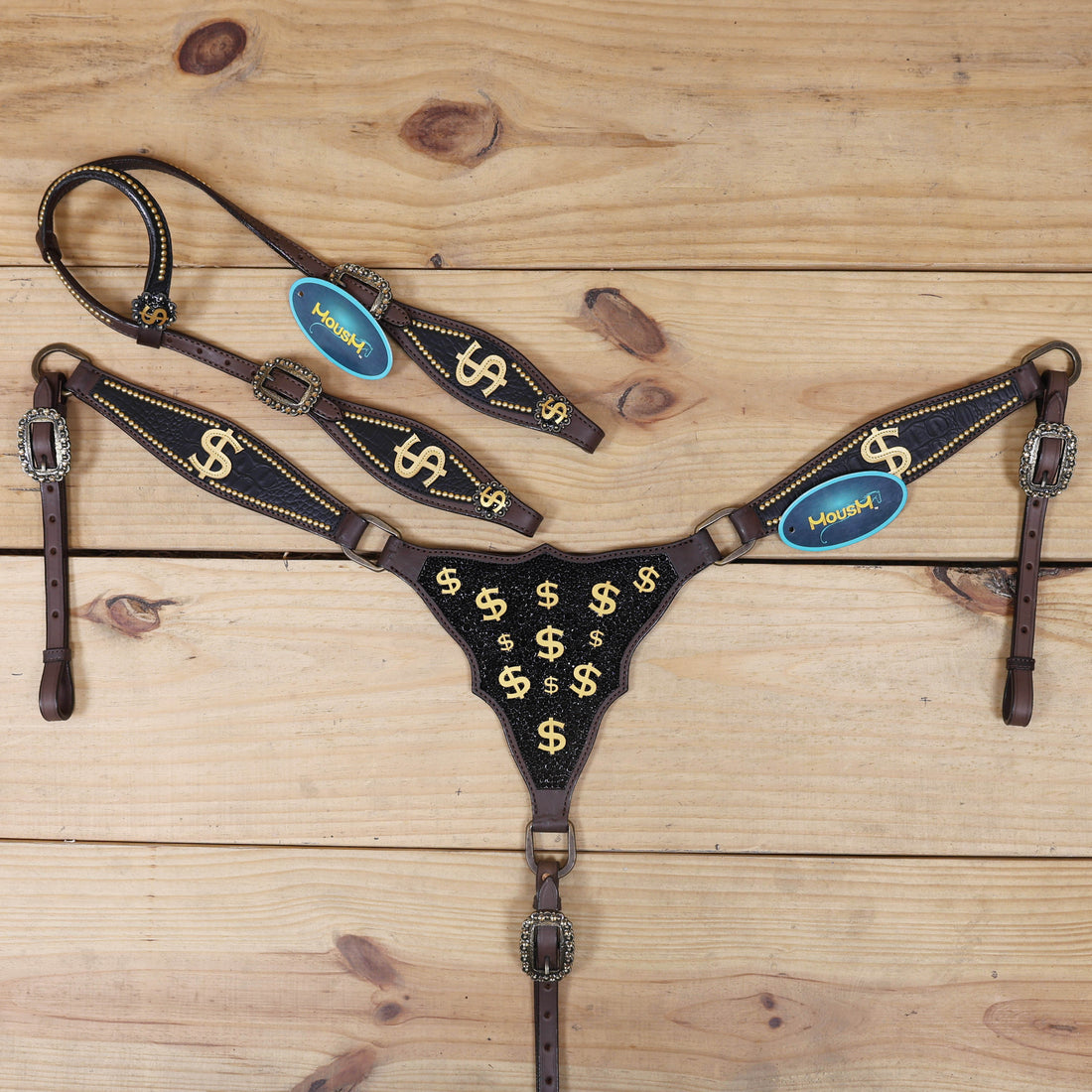 western tack set with gladiator-style breast collar, 3d dollar sign, golden studs, dazzle stone