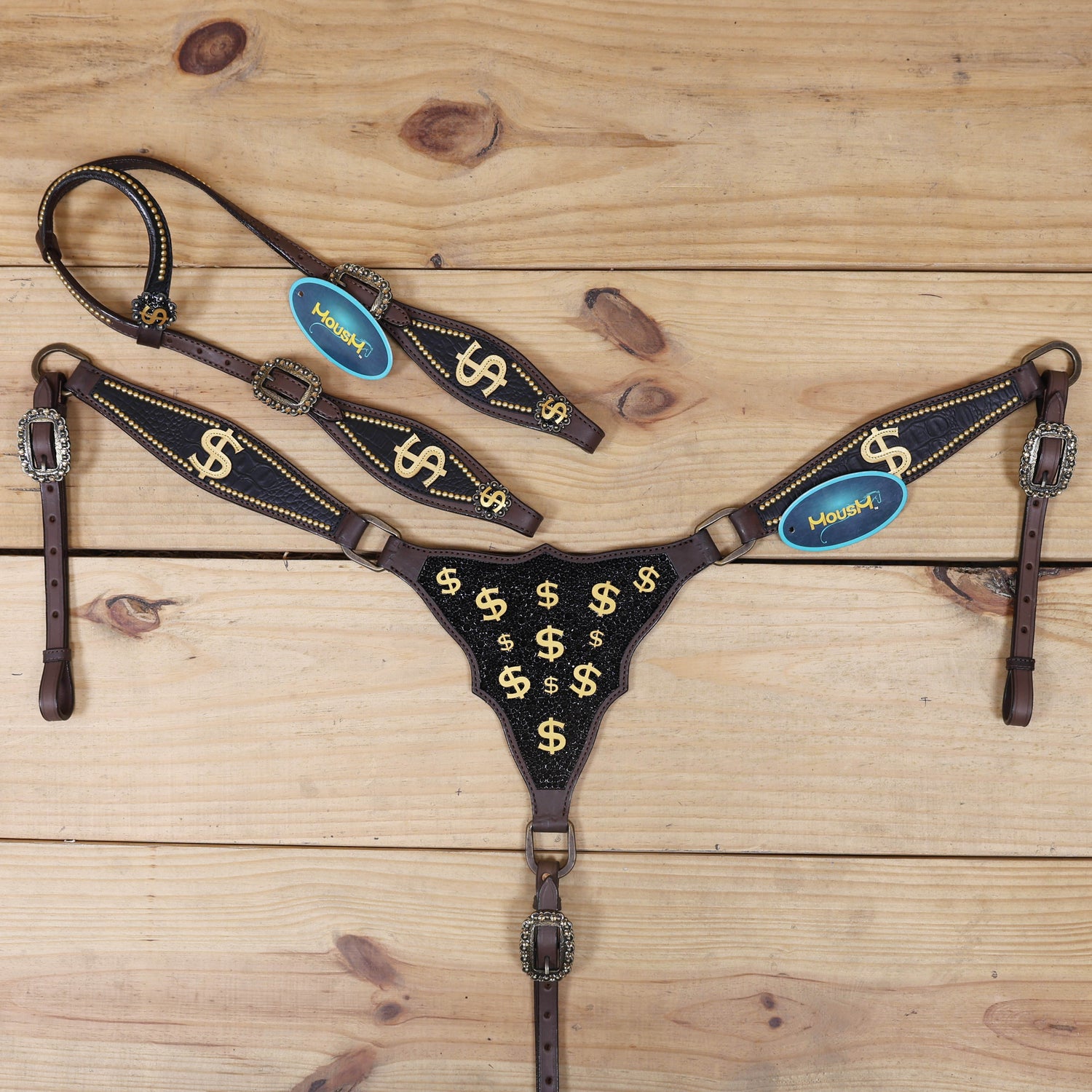 western tack set with gladiator-style breast collar, 3d dollar sign, golden studs, dazzle stone