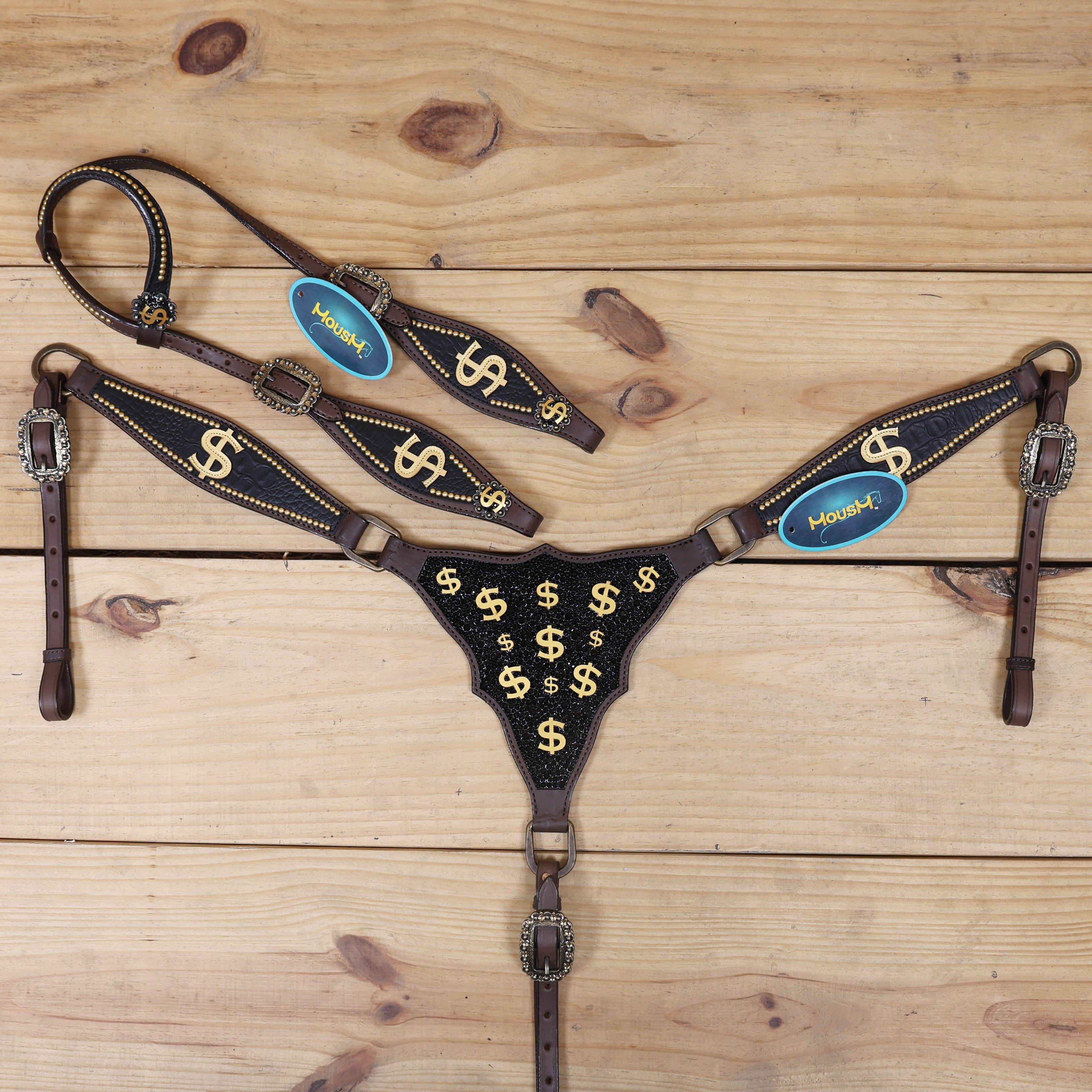 western tack set with gladiator-style breast collar, 3d dollar sign, golden studs, dazzle stone