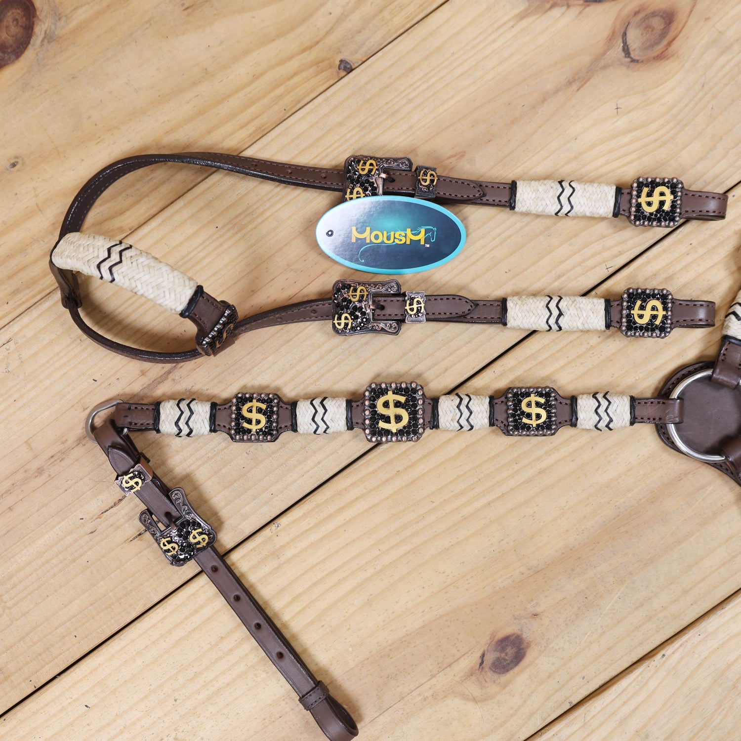 One Ear Headstall and Breast Collar with Black Stones and Antique Copper Hardware