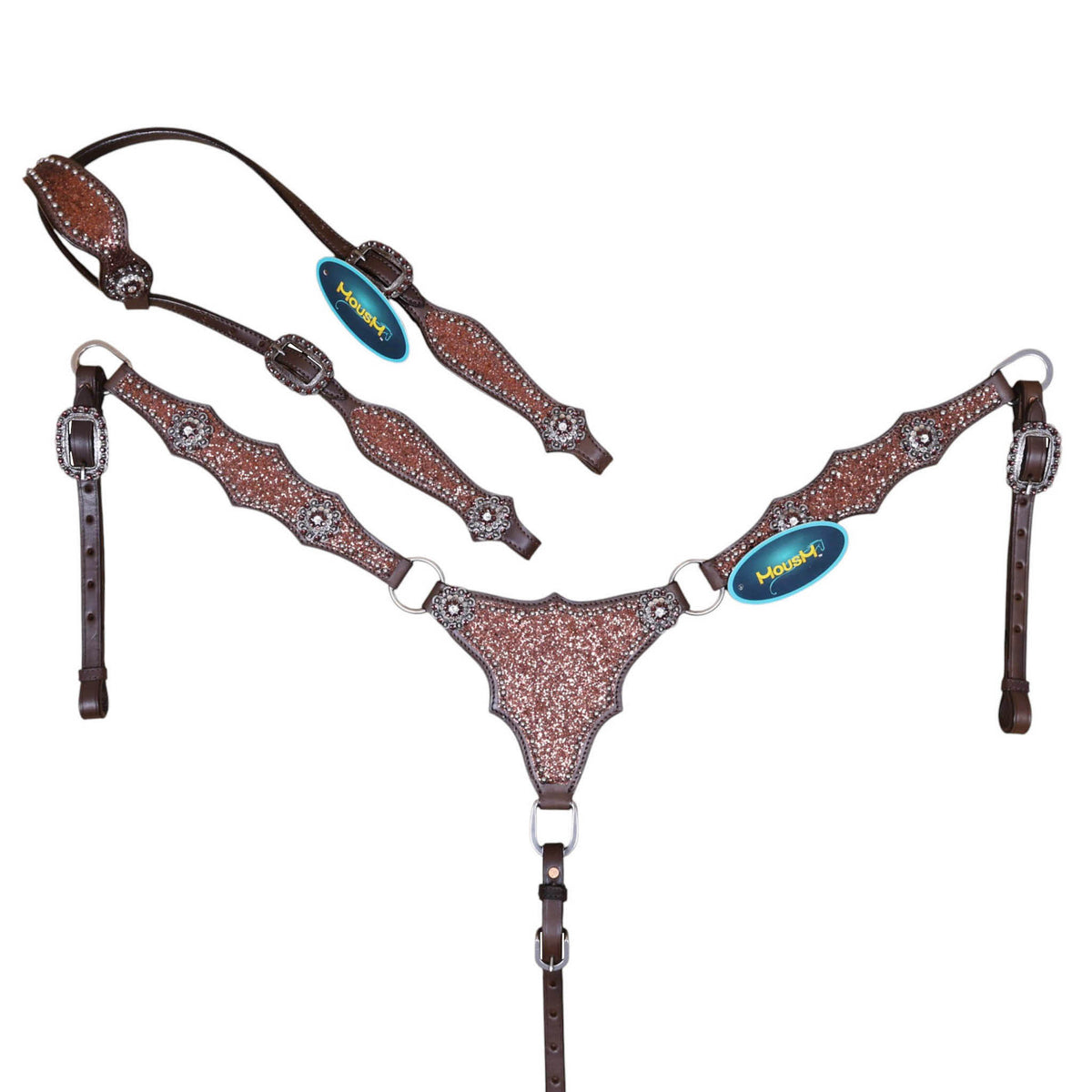 Western horse tack set made from Argentina cow leather with an alligator design, rhinestone conchos, silver studs and vintage hardware.