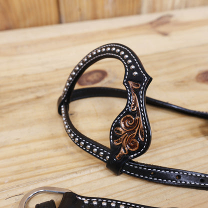 Western leather one ear headstall and breast collar with silver-studded basket tooling