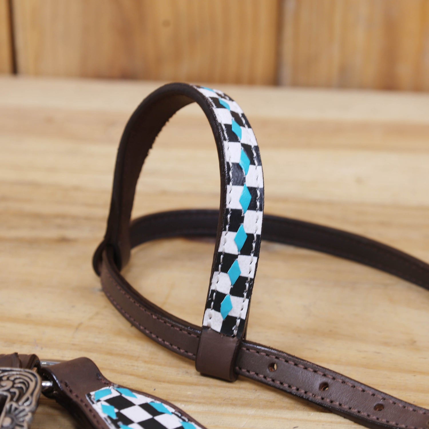 single ear headstall set with checkyard print and turquoise rawhide