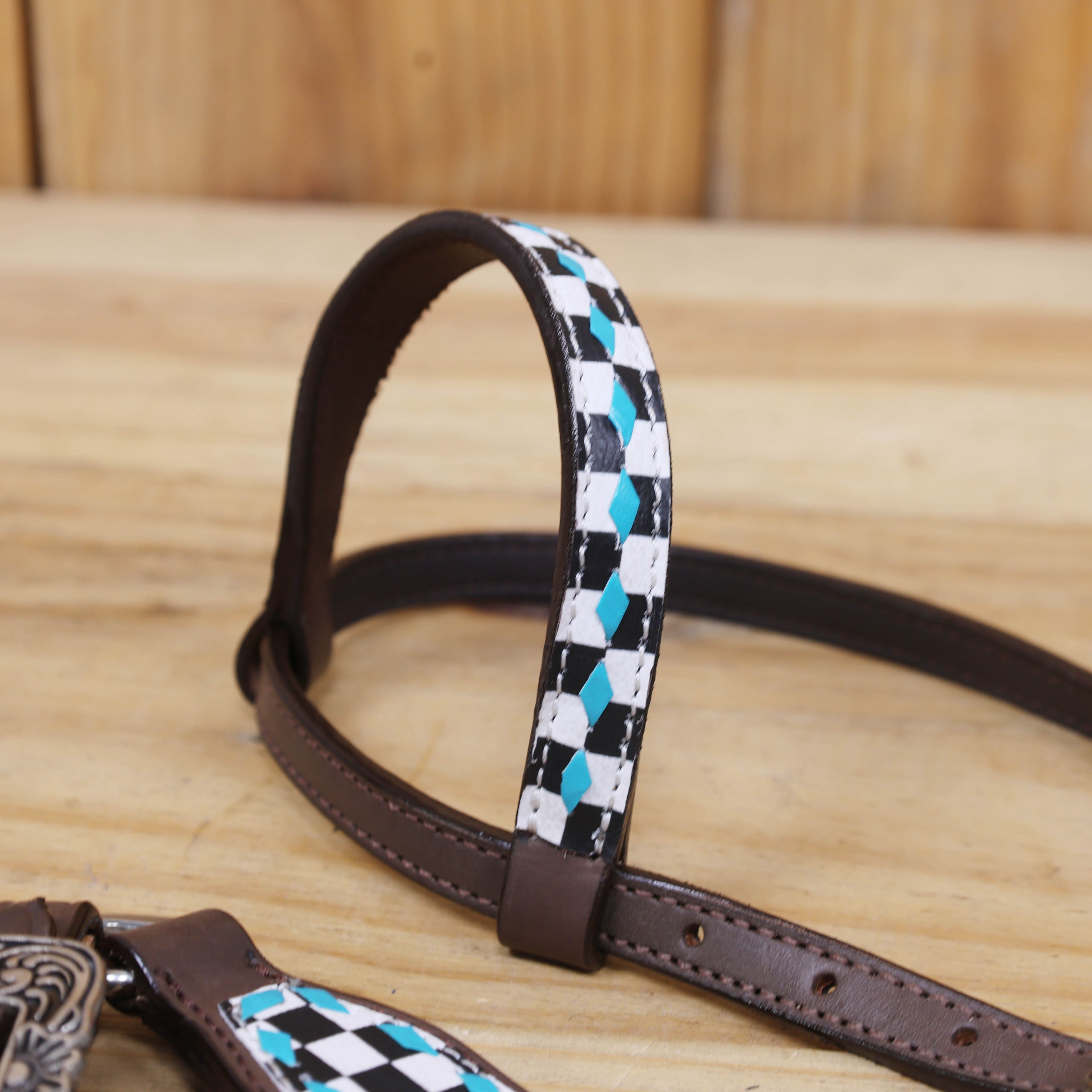 single ear headstall set with checkyard print and turquoise rawhide