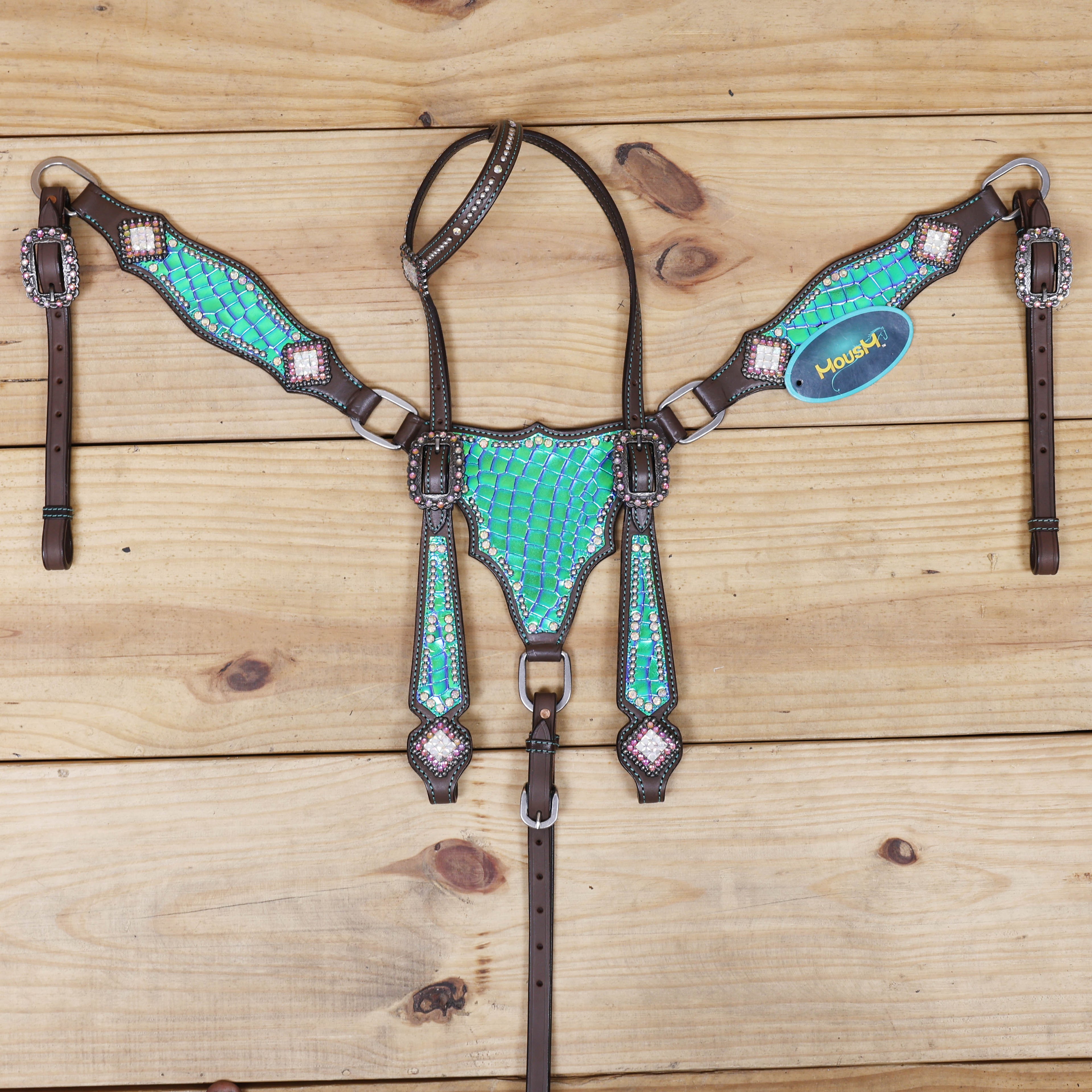 durable western horse tack set with holographic alligator print and nickel buckles