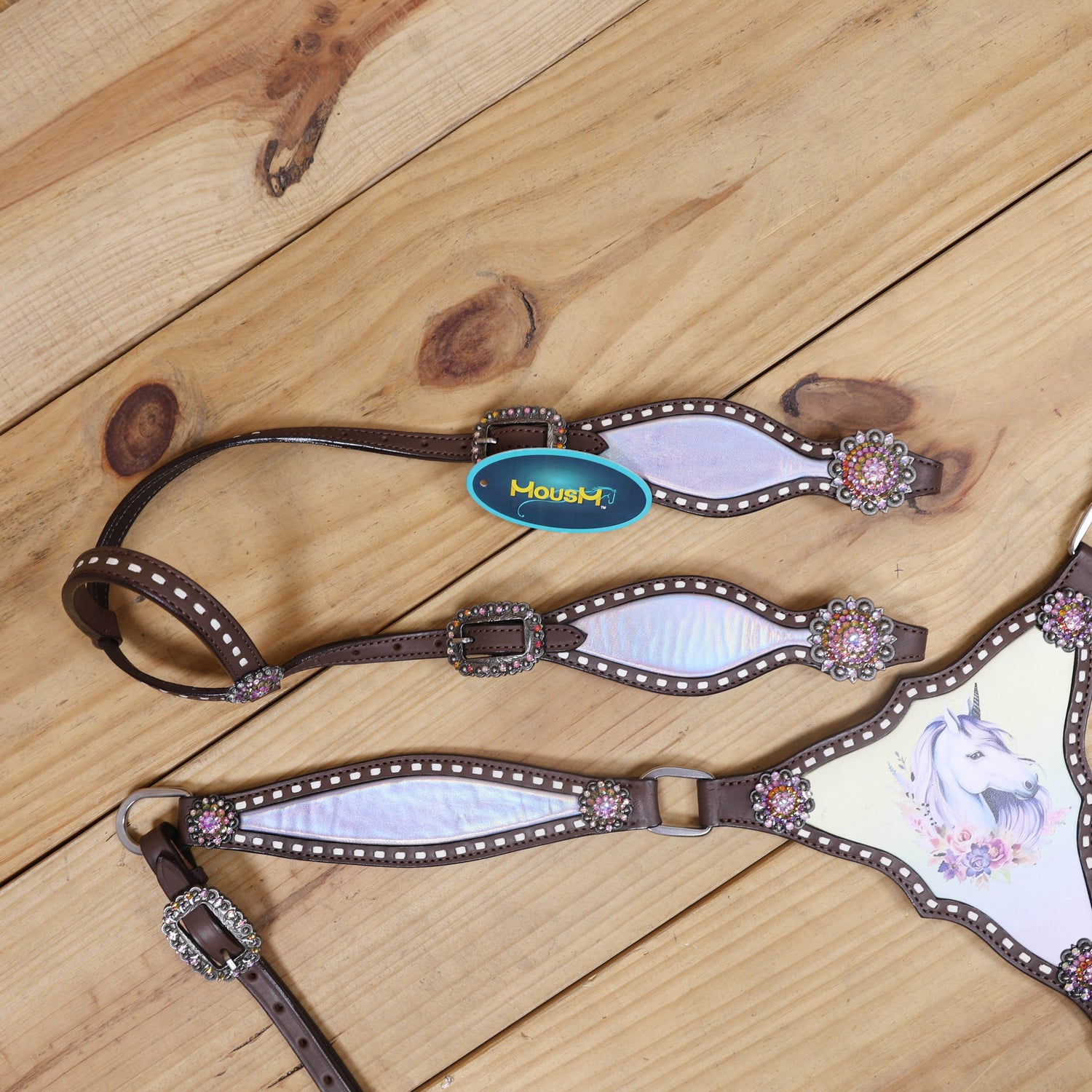western one ear headstall with holographic unicorn print, berry conchos