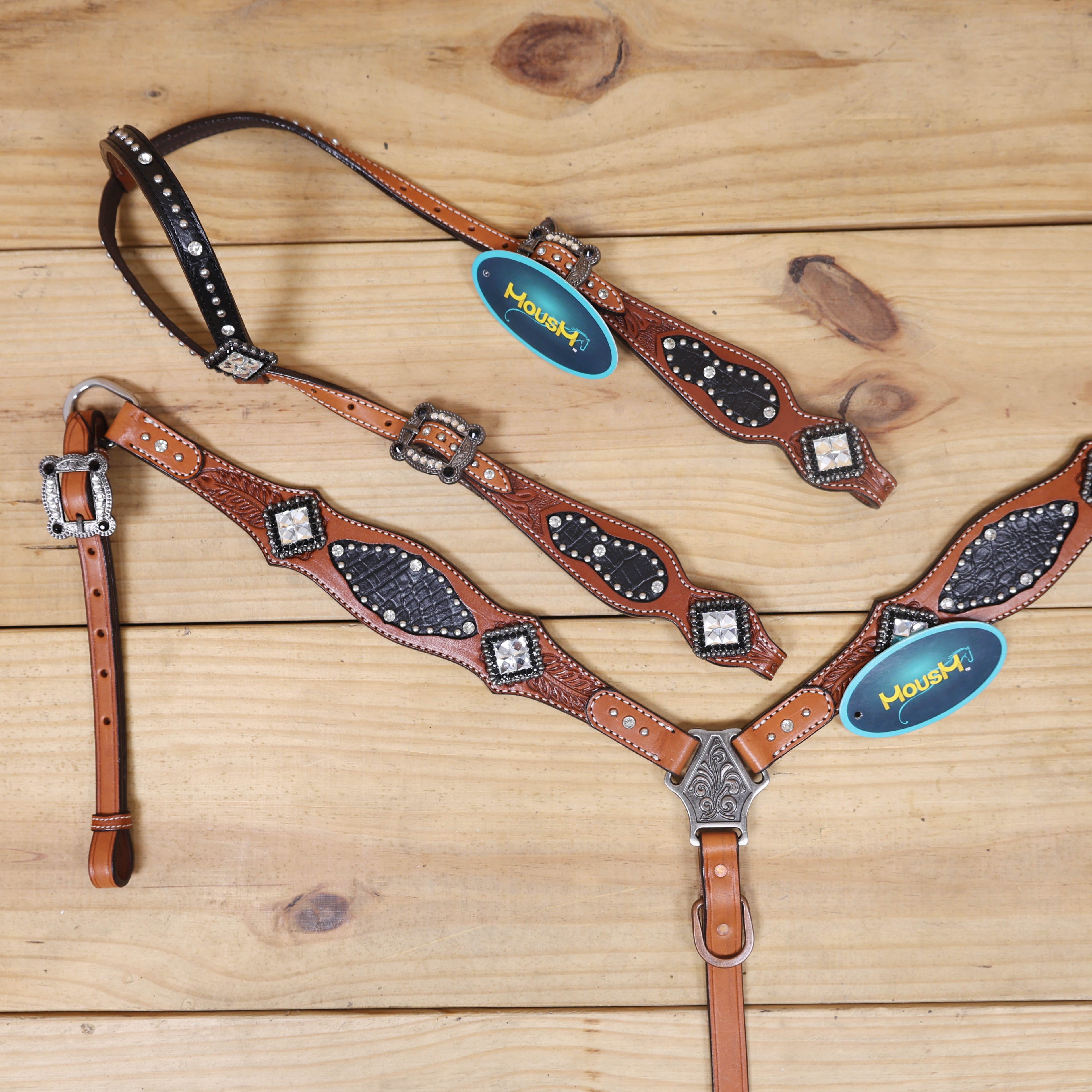 feather-carved western headstall with antique nickel hardware black alligator inlay western tack with clear rhinestone conchos
