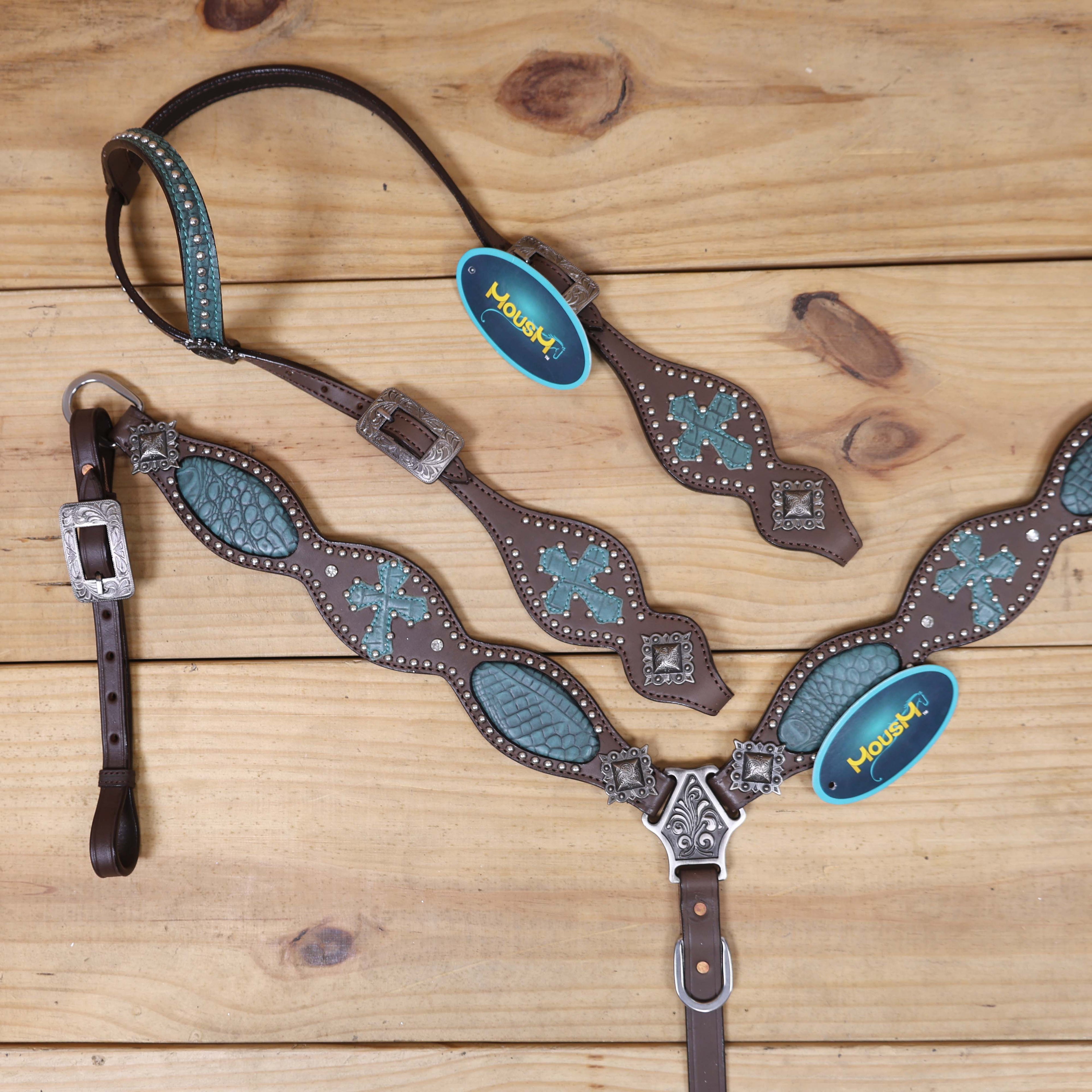 handcrafted Western tack for full-size horses Turquoise alligator inlay with square berry conchos