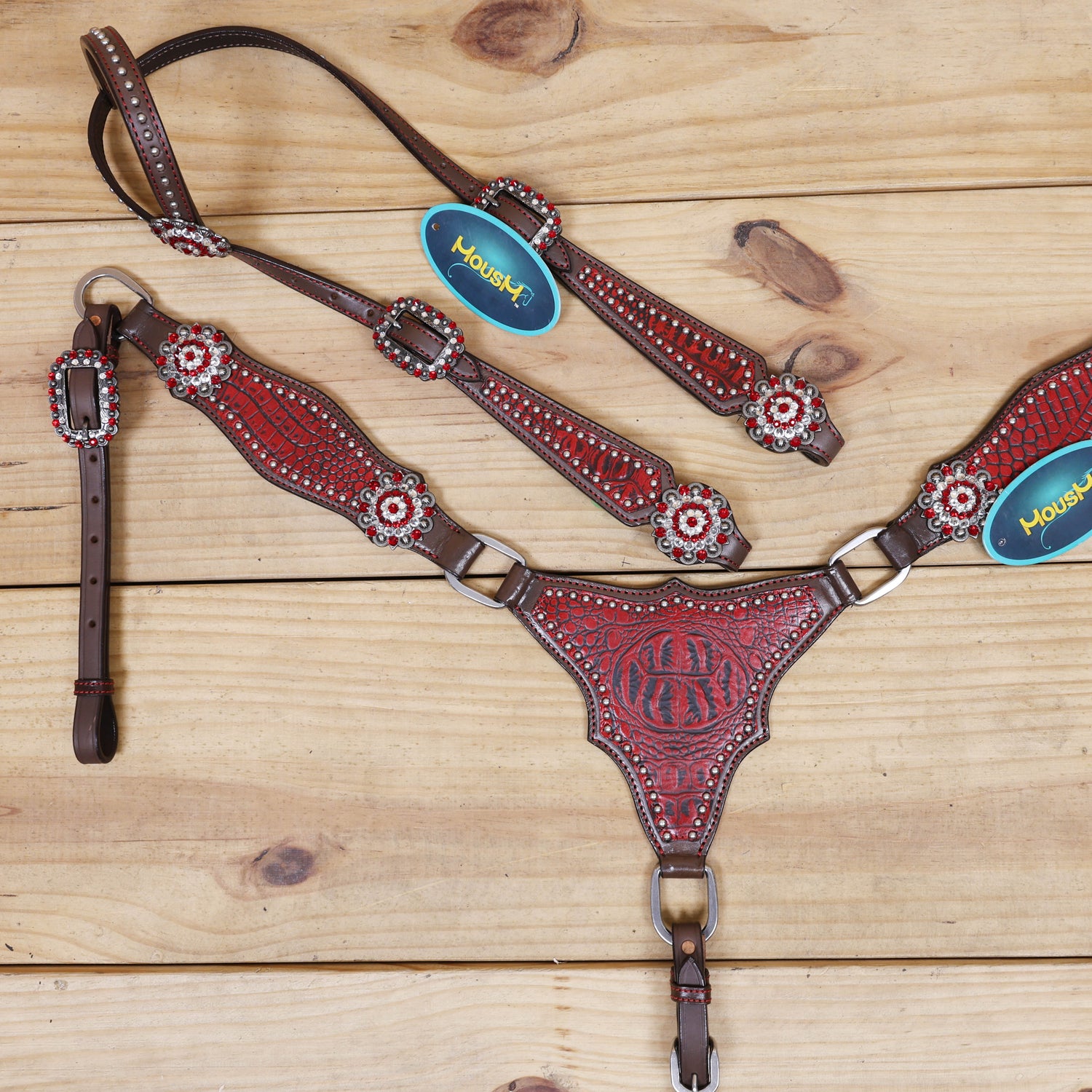 western horse tack set with red alligator printed design and silver studs