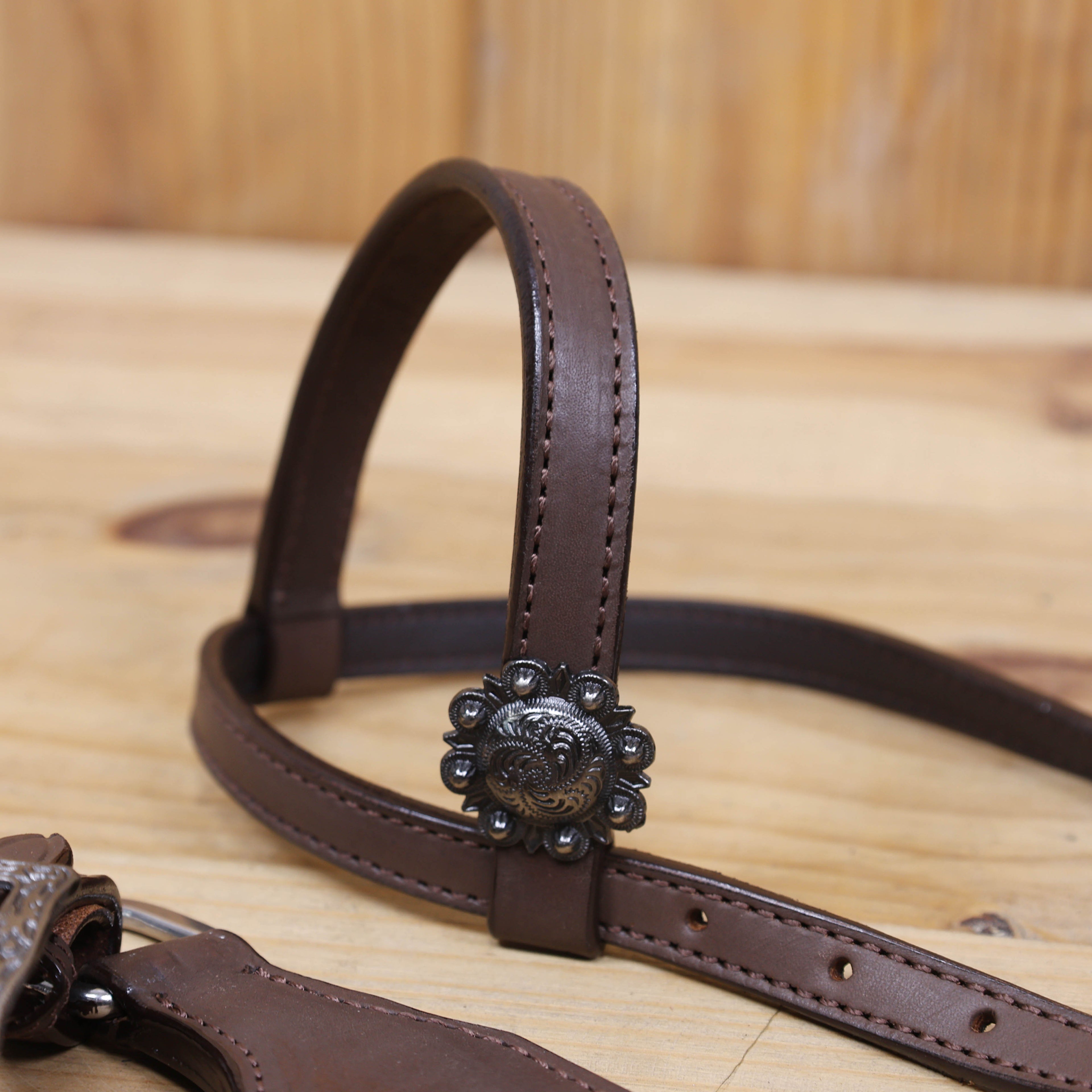 western headstall single ear design with antique nickel concho