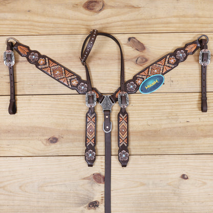 horse headstall breast collar with copper rawhide braiding and flower conchos
