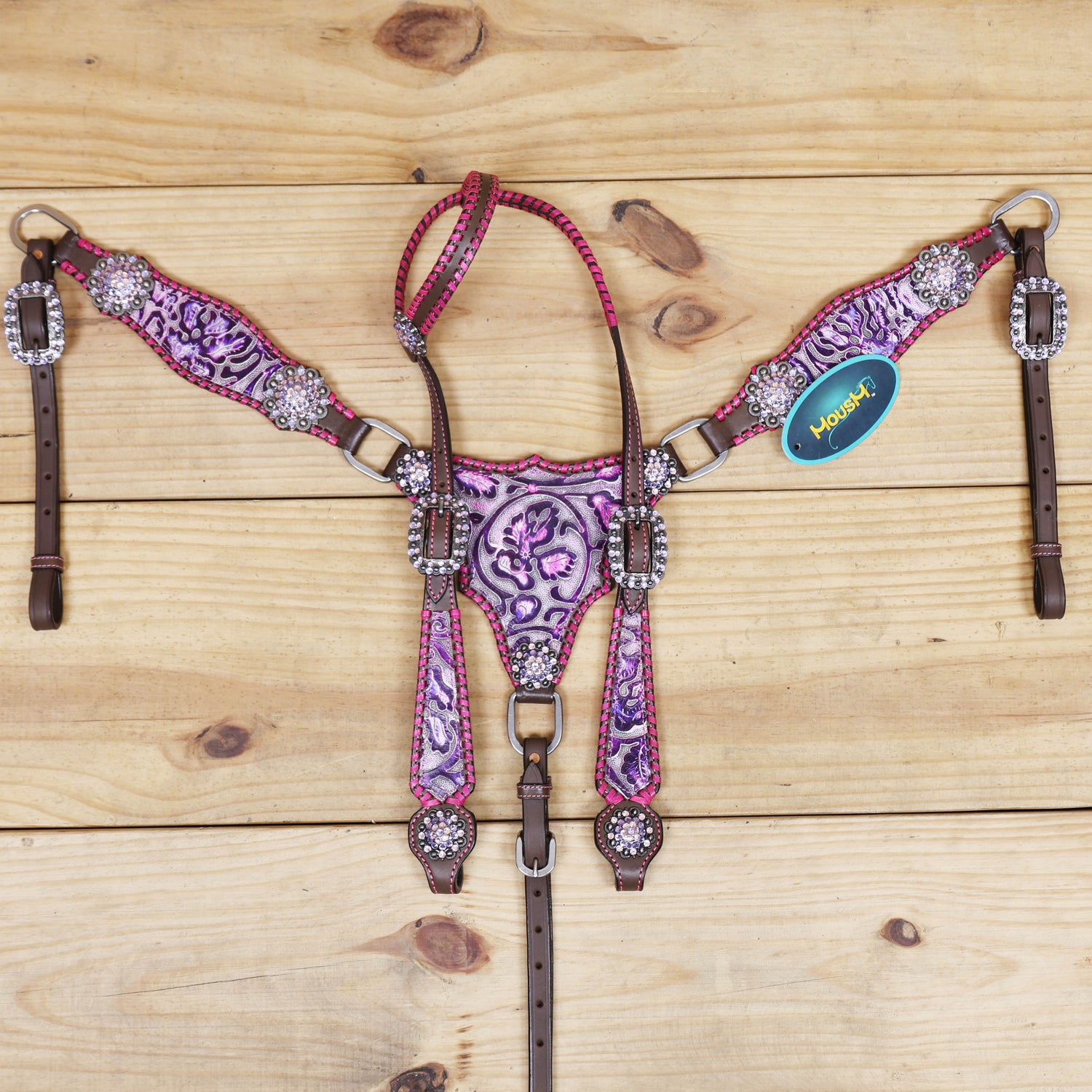 mousm western headstall set featuring pink and purple flower embossed made with genuine argentina cowhide