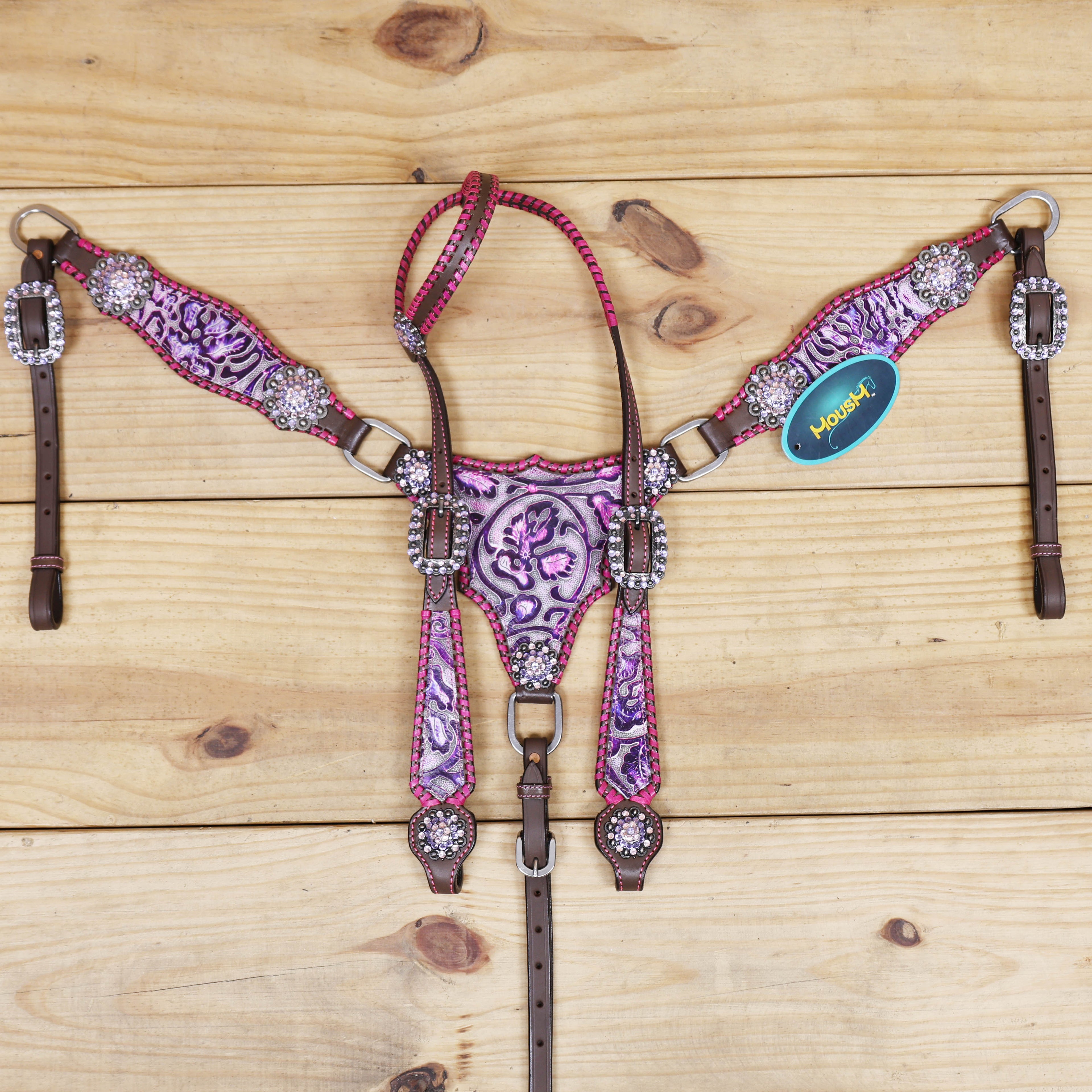 mousm western headstall set featuring pink and purple flower embossed made with genuine argentina cowhide