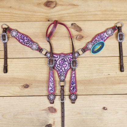 mousm western headstall set featuring pink and purple flower embossed made with genuine argentina cowhide