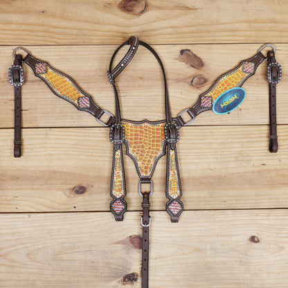 premium argentina cow leather western tack set by mousm with orange yellow alligator design