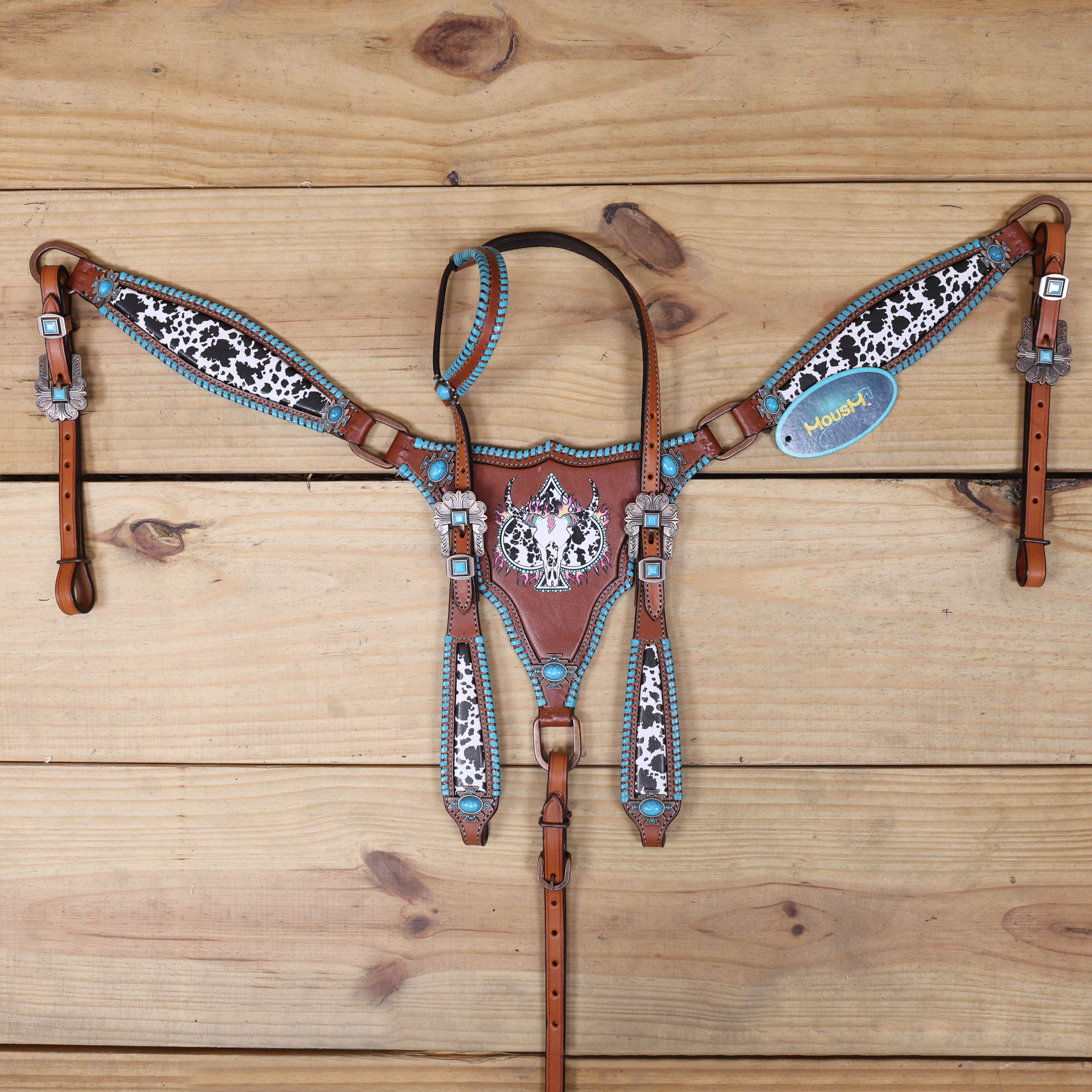 western headstall and breast collar with one ear design and cowhide print and steer head print