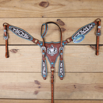 western headstall and breast collar with one ear design and cowhide print and steer head print