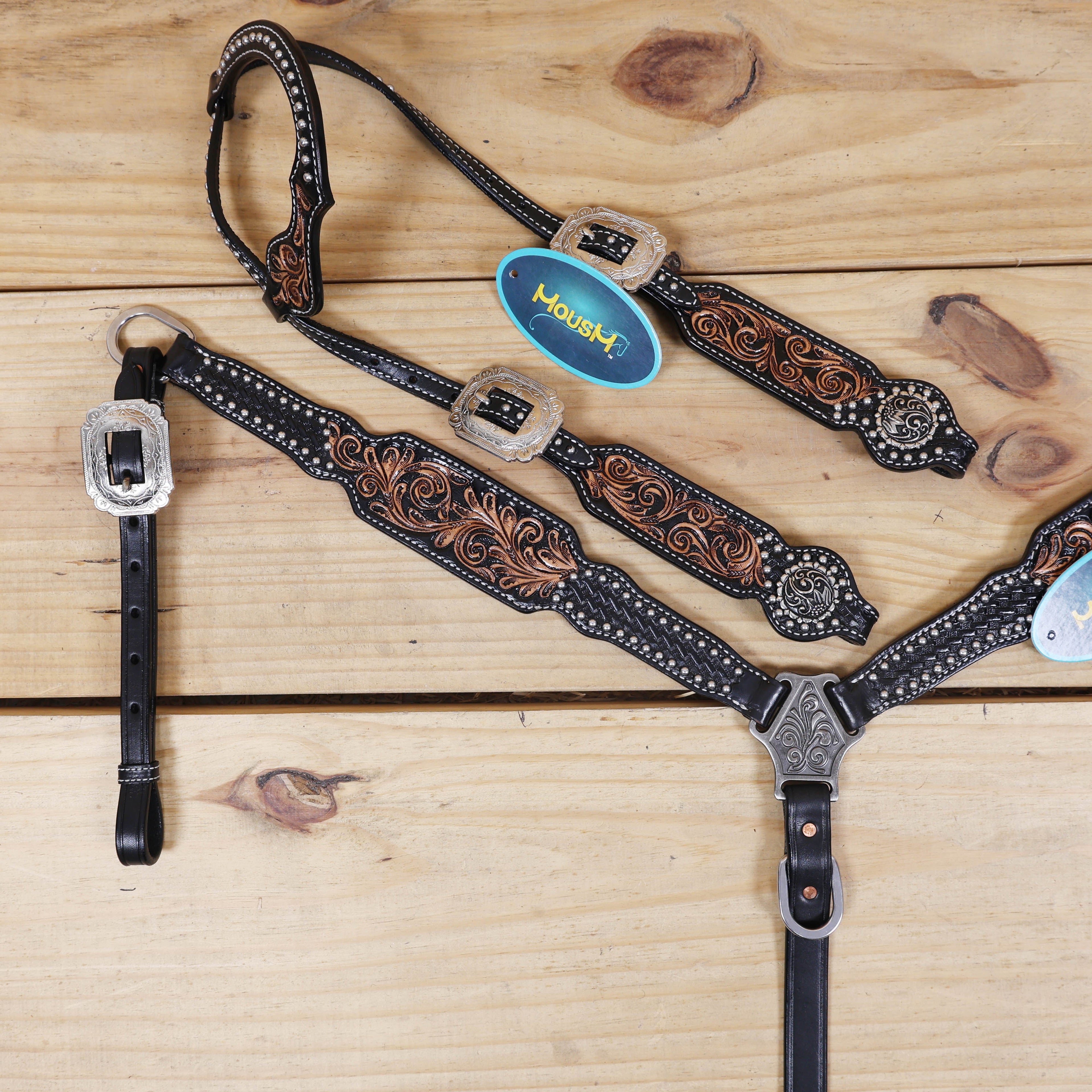 black argentina cow leather one ear horse tack set with antique nickel hardware