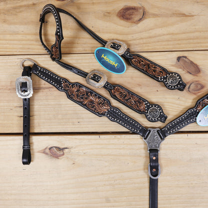 black argentina cow leather one ear horse tack set with antique nickel hardware
