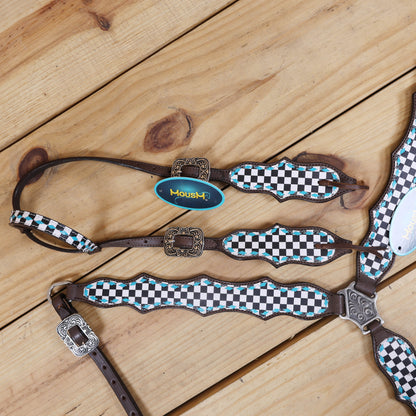 western headstall and breast collar featuring checkyard finish line print and nickel buckles
