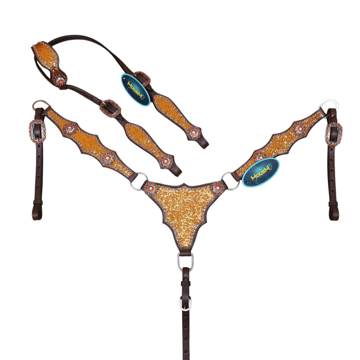 Bring bold color to your Western setup with an orange glitter alligator tack set made from Argentina cow leather with rhinestone conchos and silver studs.