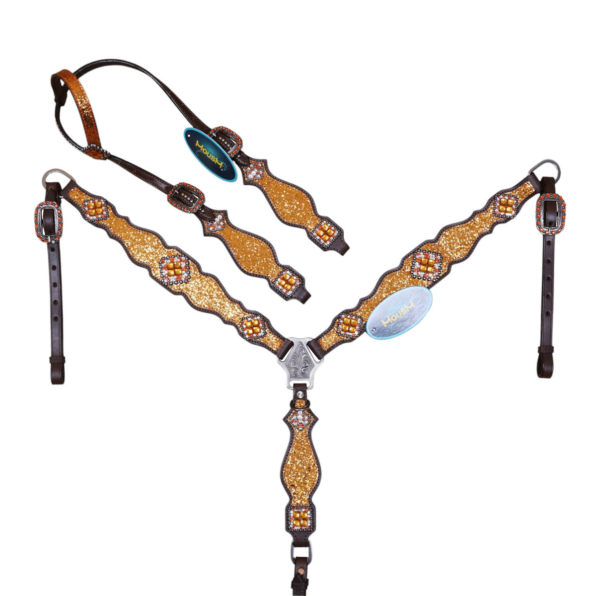 Orange glitter Western horse tack crafted from Genuine Argentina Cow Leather with rhinestone conchos, silver studs and classic Western hardware.