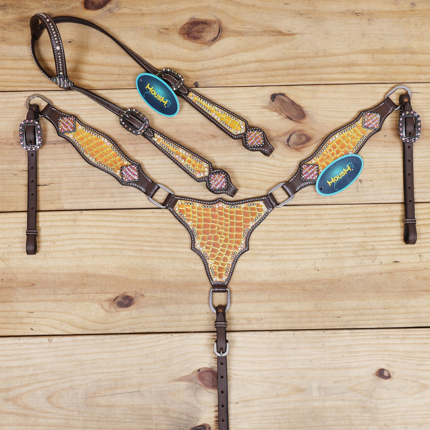 orange and yellow western horse tack set with holographic alligator print, antique nickel hardware, and copper rivets