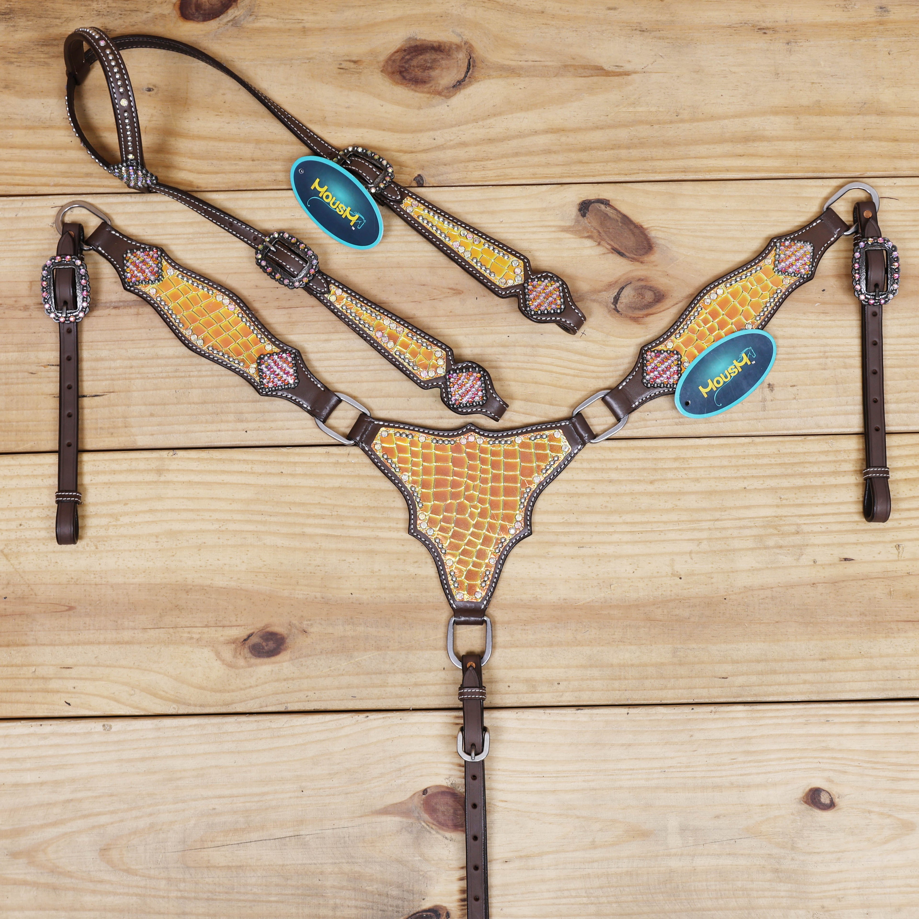 orange and yellow western horse tack set with holographic alligator print, antique nickel hardware, and copper rivets