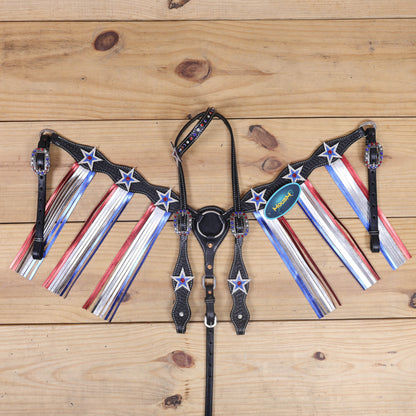 handcrafted western leather headstall set with american flag tri-color, stars, and very long metallic fringe