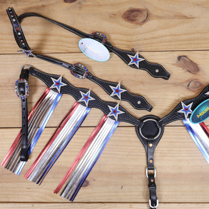 handcrafted western tack set with american flag design, stars, and long metallic fringe accents