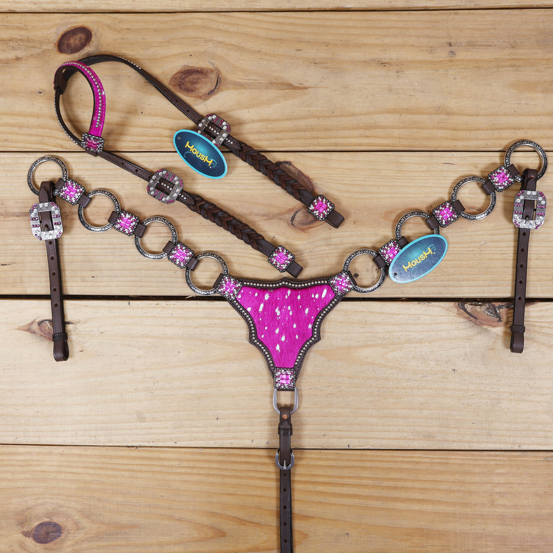 western horse tack set pink acid wash gladiator breast collar with engraved metal rings