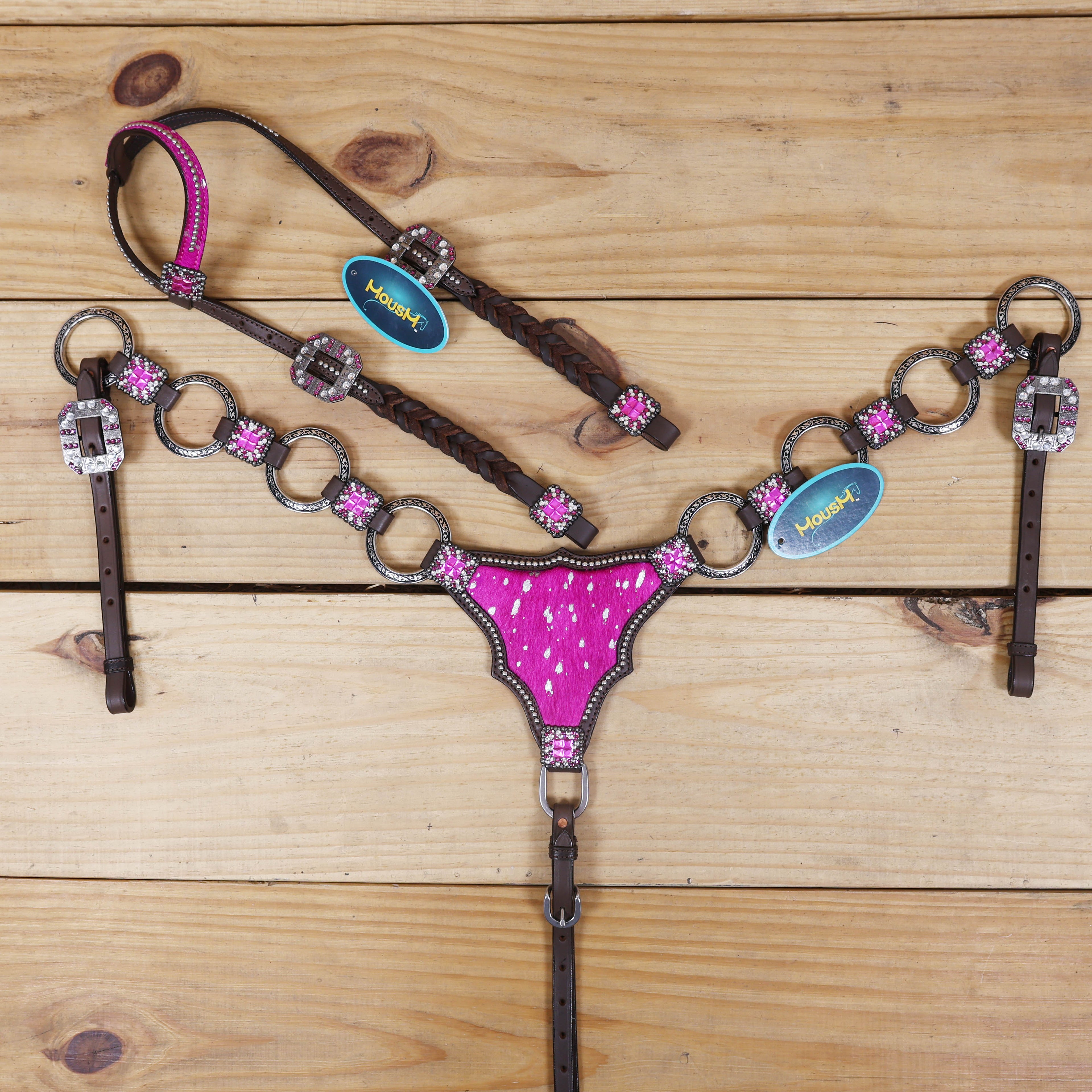 western horse tack set pink acid wash gladiator breast collar with engraved metal rings