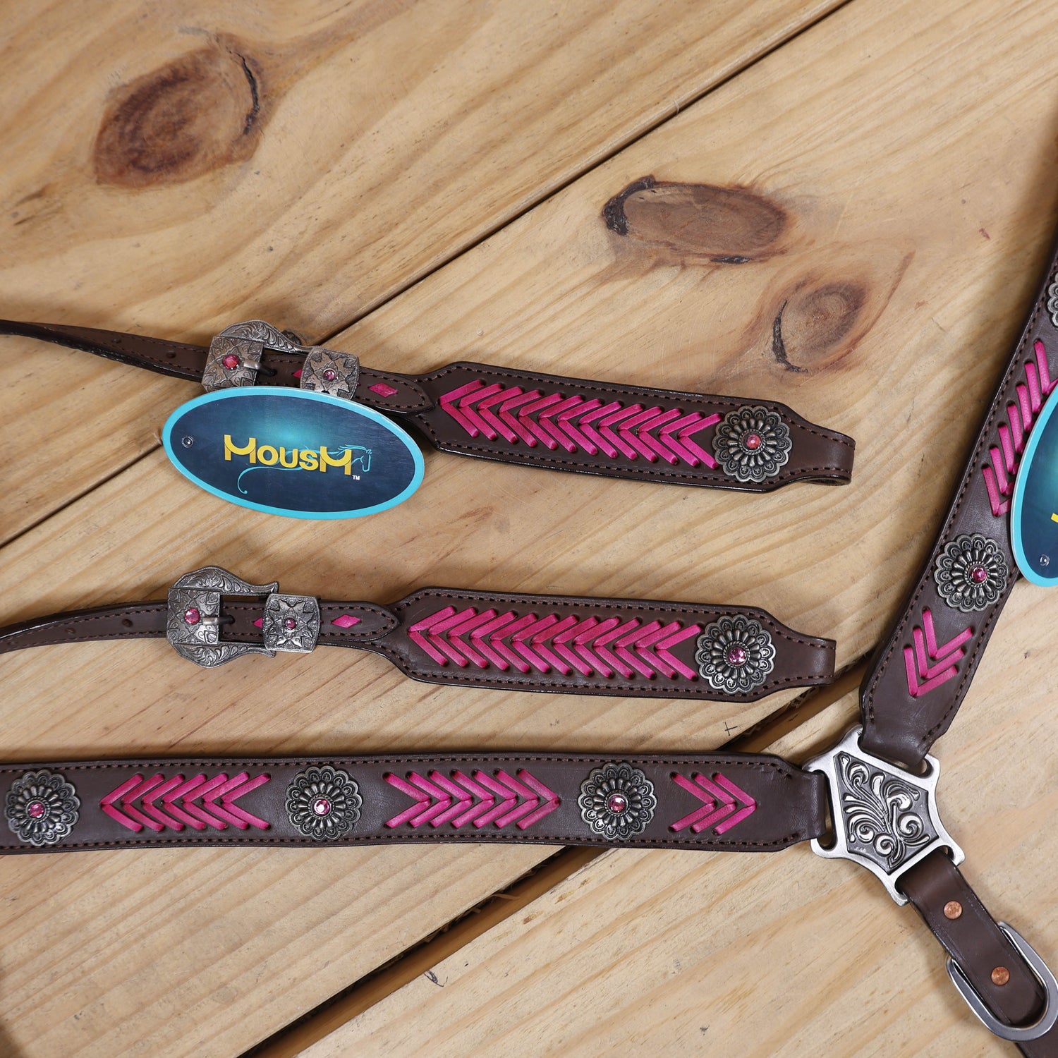 breast collar with pink rawhide braiding