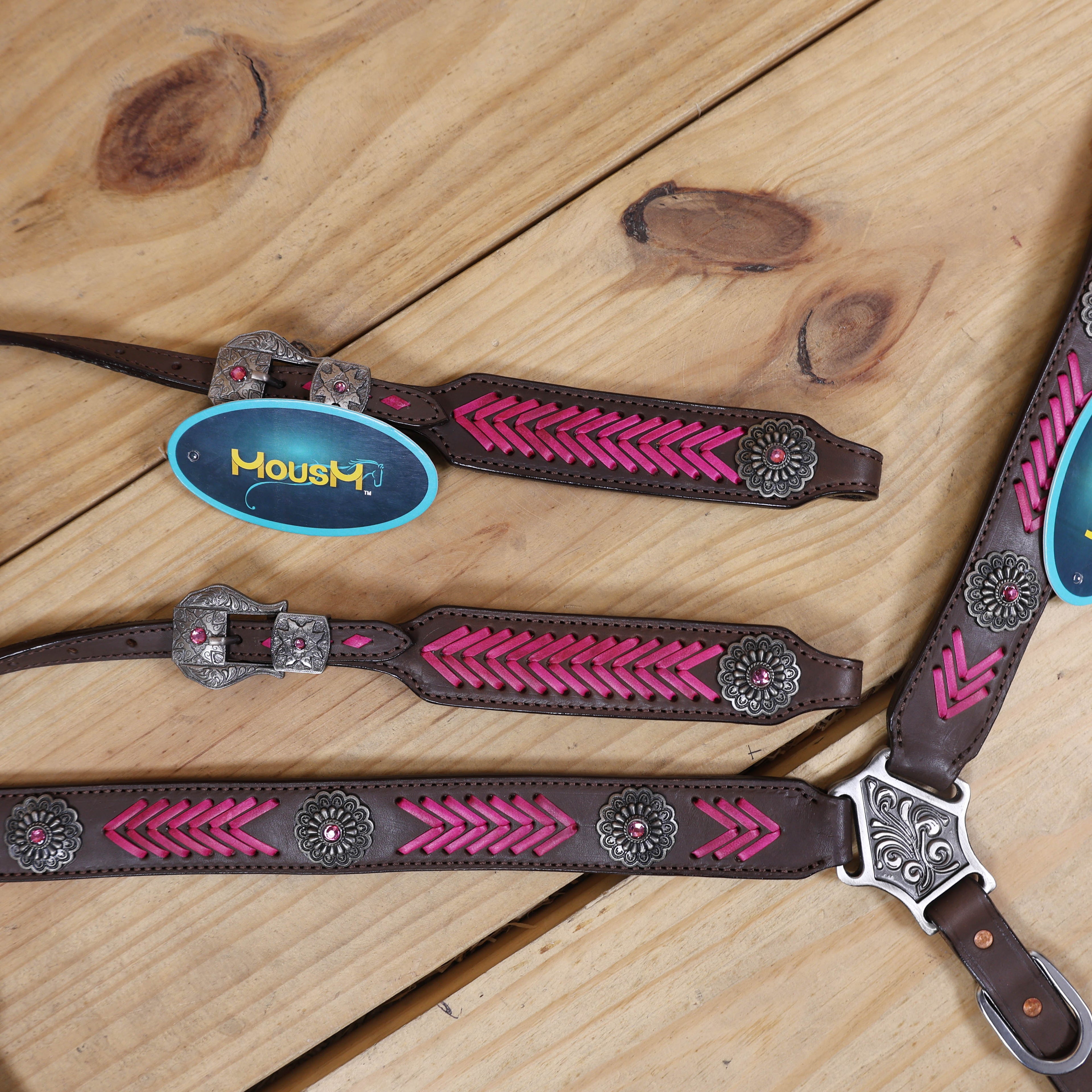 breast collar with pink rawhide braiding