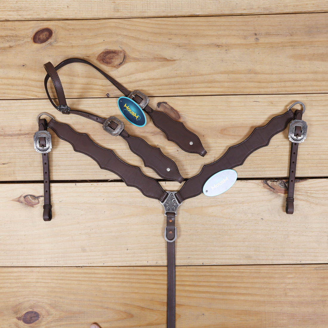 Western leather headstall and breast collar set in plain brown leather
