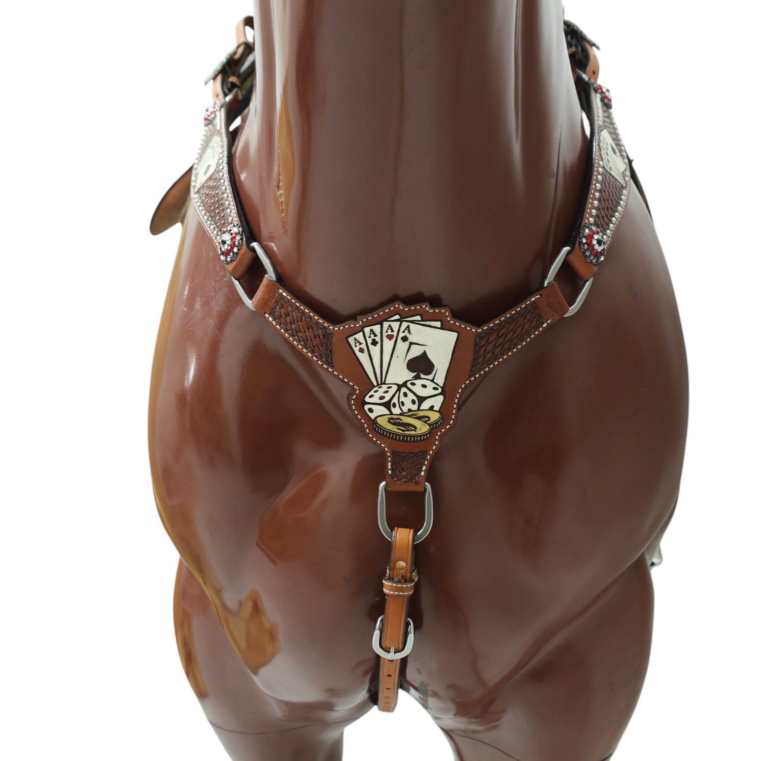 gladiator breast collar with gambling theme poker cards in rich brown leather