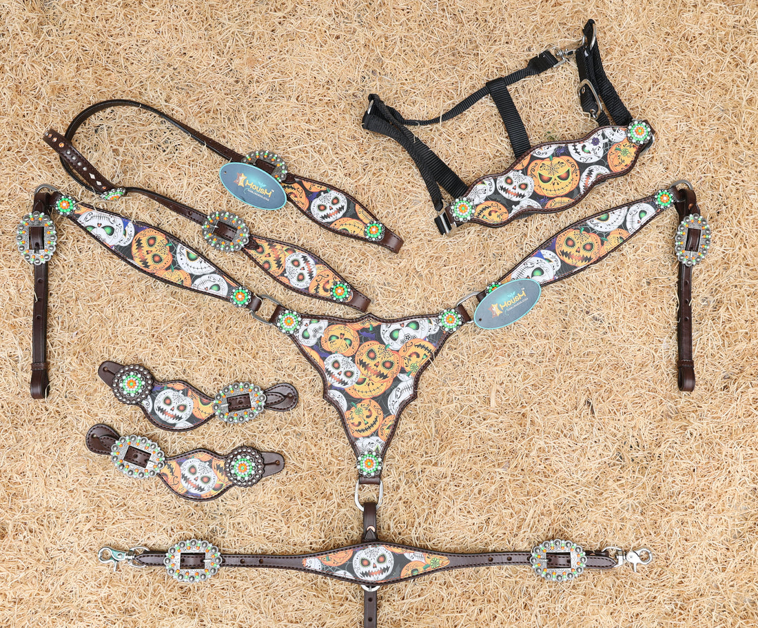 halloween theme western horse headstall set with spooky pumpkin print 
