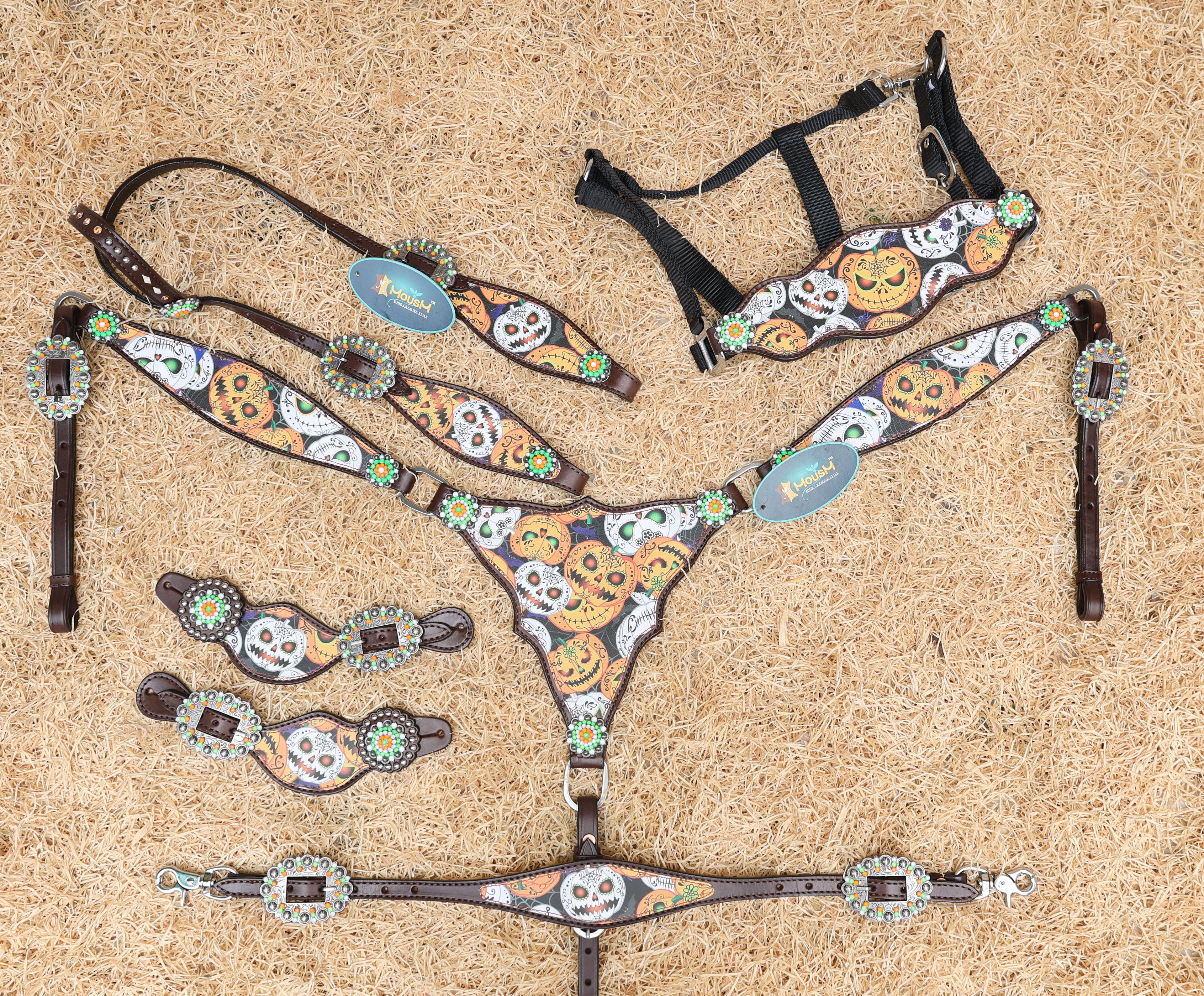 halloween theme western horse headstall set with spooky pumpkin print 