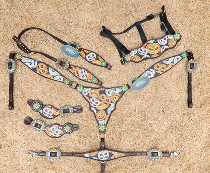 halloween theme western horse headstall set with spooky pumpkin print 