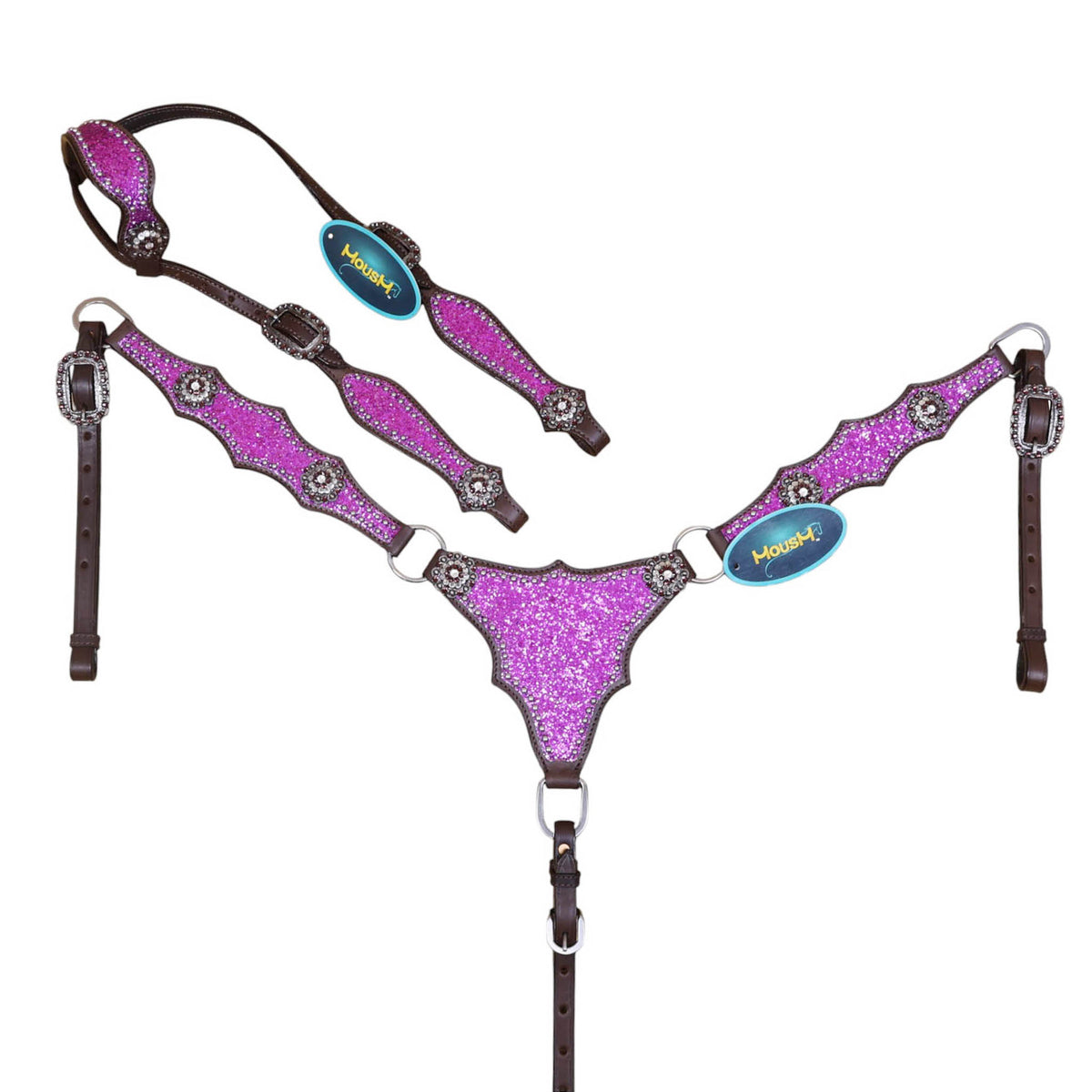 Purple glitter Western headstall and breast collar set with Argentina cow leather, alligator design, rhinestone conchos, silver studs and vintage hardware.