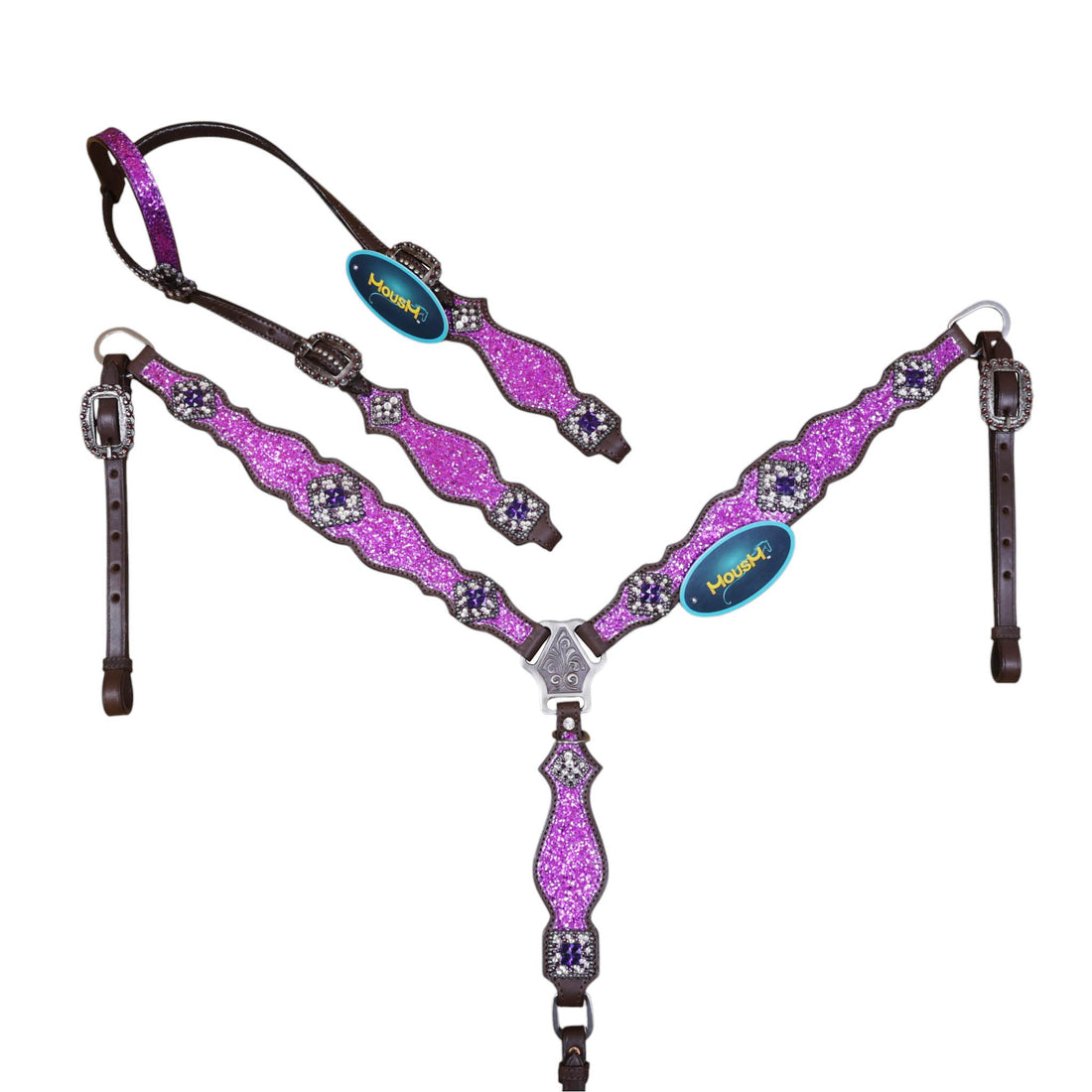 Bring color to your tack collection with a purple glitter Western set featuring Genuine Argentina Cow Leather, rhinestone conchos and silver studs.