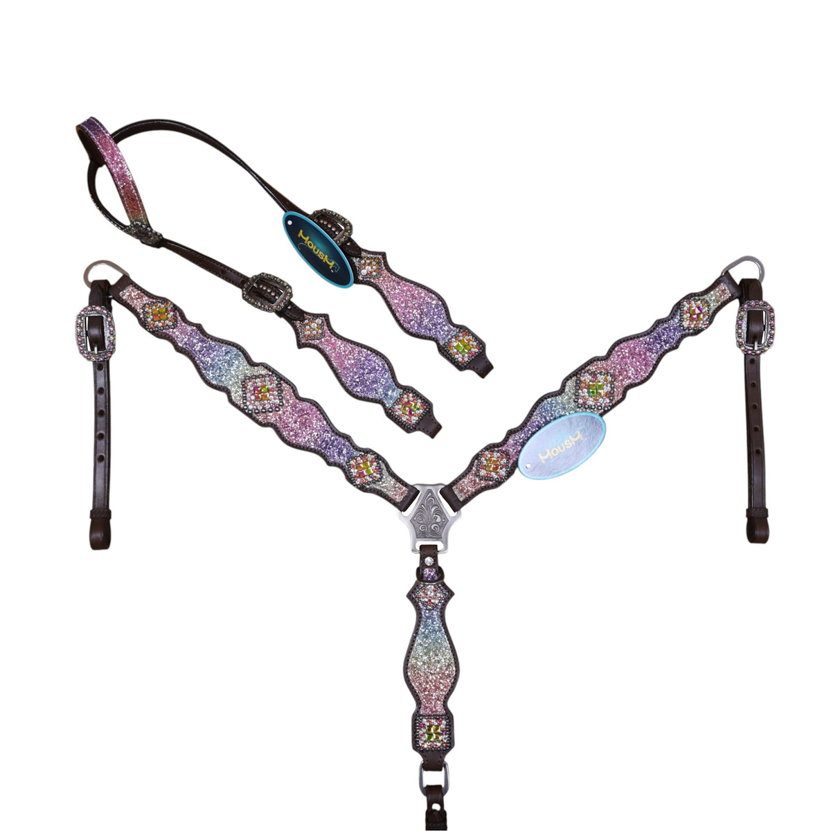 Rainbow glitter Western horse tack made from Genuine Argentina Cow Leather with rhinestone conchos, silver studs and vintage-style hardware.