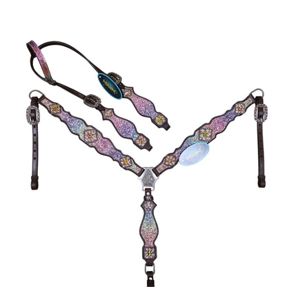 Rainbow glitter Western horse tack made from Genuine Argentina Cow Leather with rhinestone conchos, silver studs and vintage-style hardware.