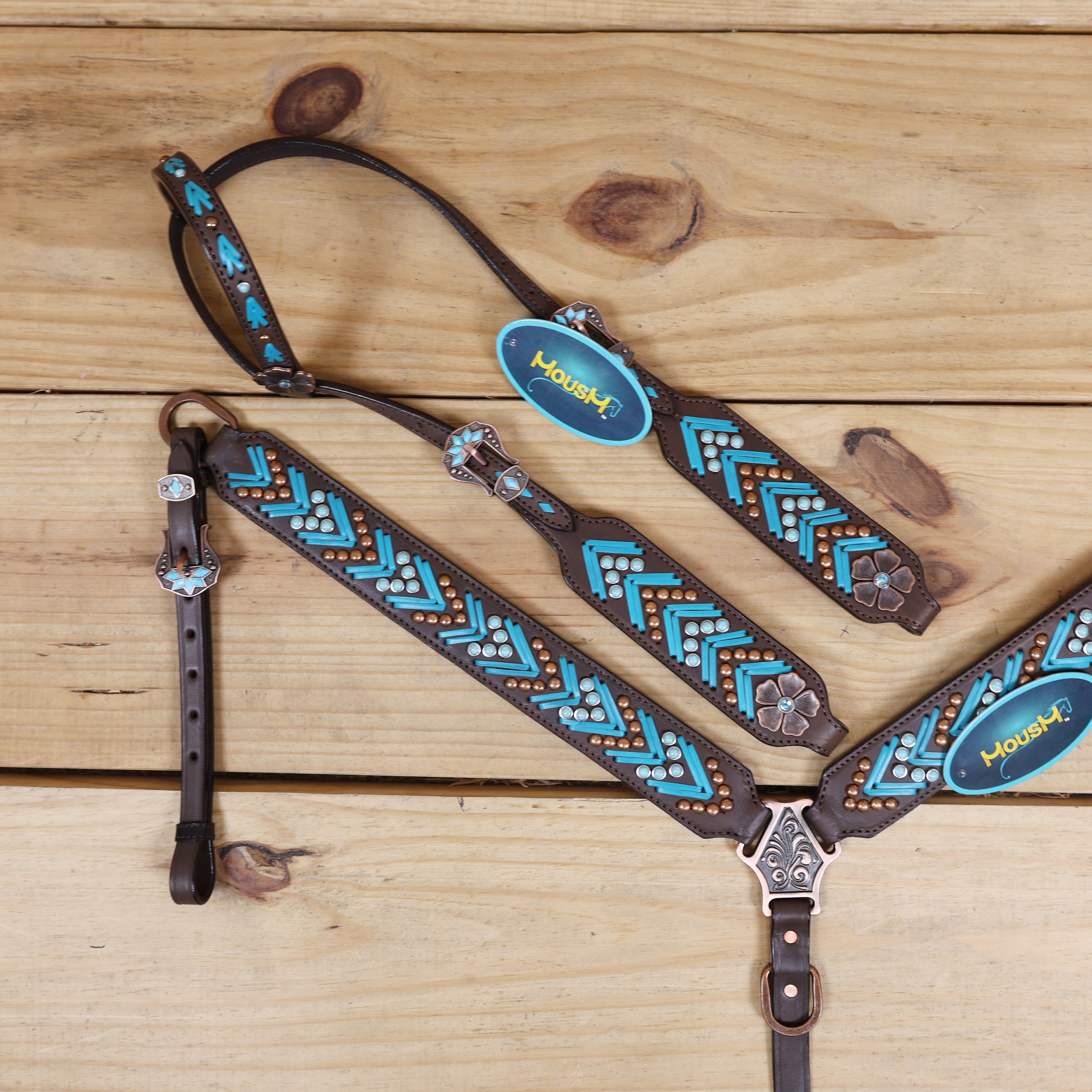 turquoise arrow shape rawhide braided cheekpiece 
