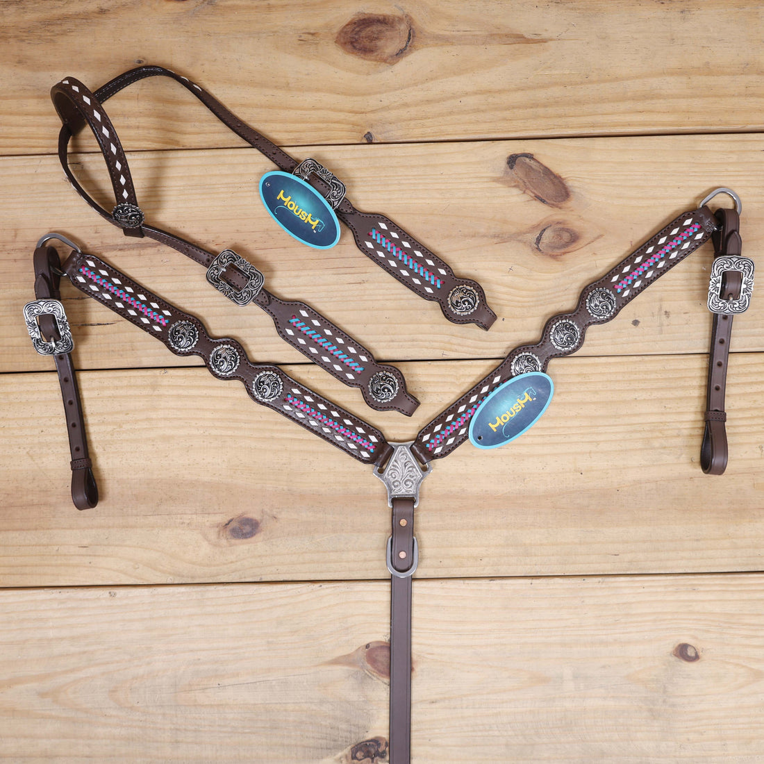 Argentina cow leather headstall and breast collar with white rawhide braiding 