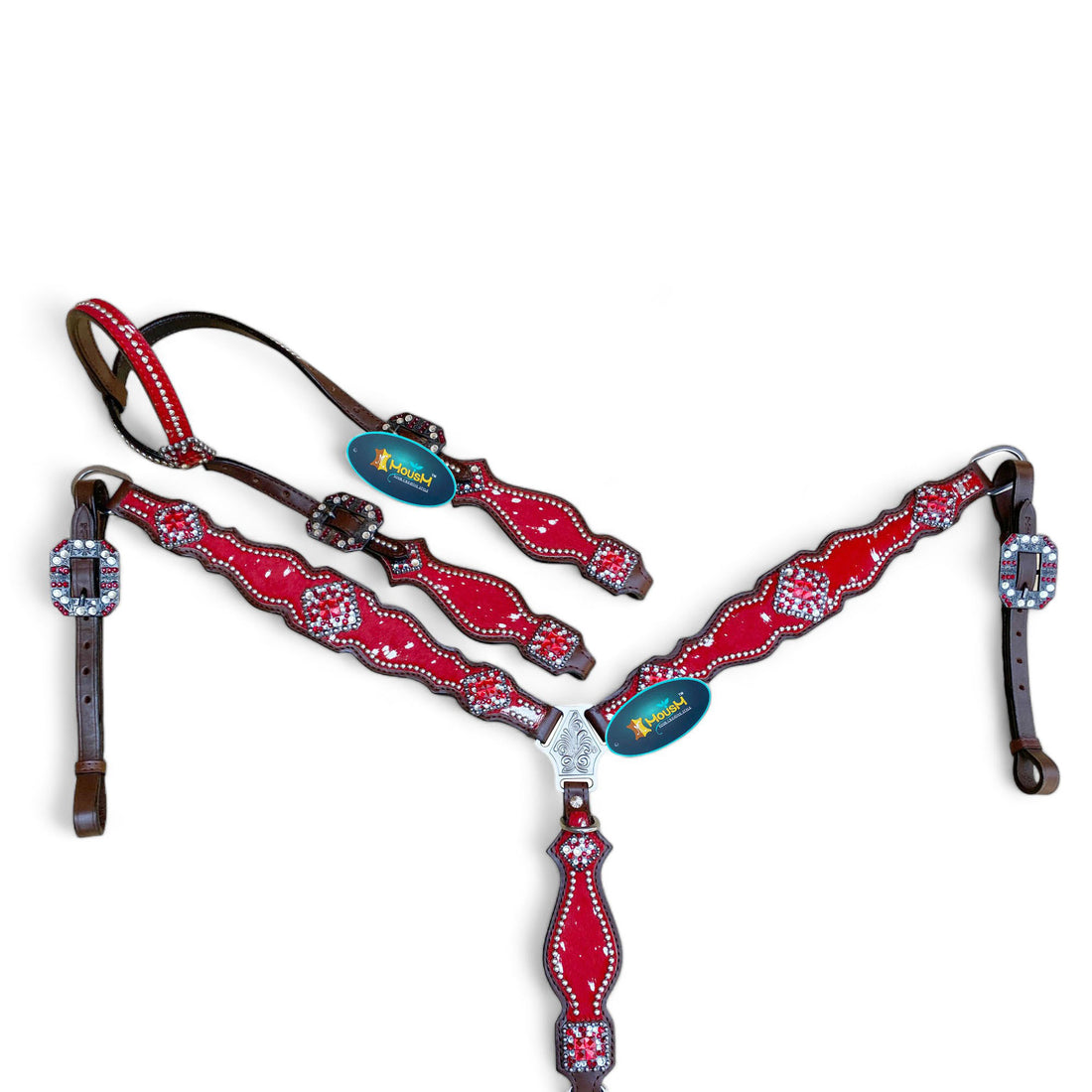 A Western headstall and breast collar set featuring a red and silver metallic acid wash cowhide design with antique nickel hardware.