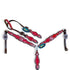 A Western headstall and breast collar set featuring a red and silver metallic acid wash cowhide design with antique nickel hardware.